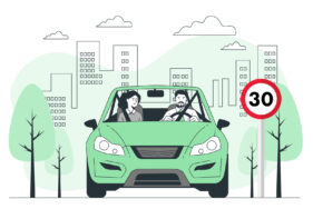 Illustration 2D d'un couple dans une voiture en zone 30